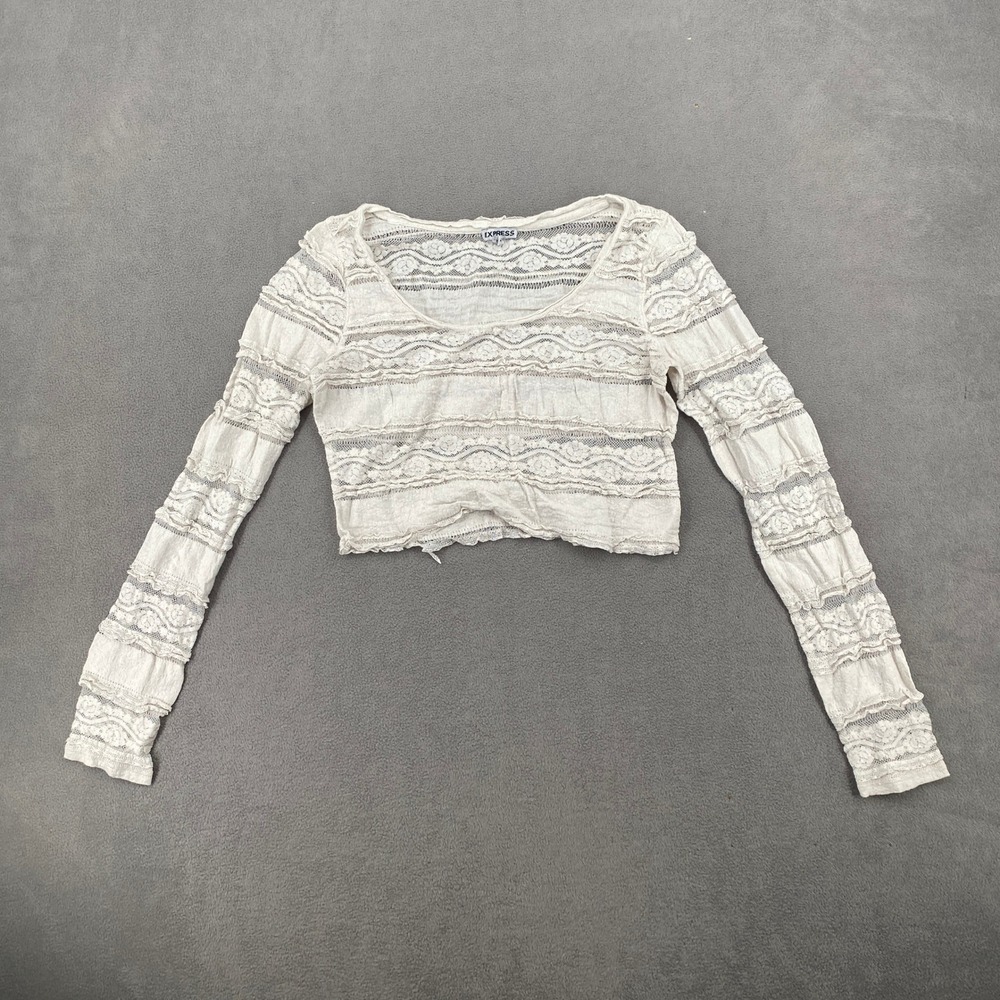 Express Cream Lace Long Sleeve Crop Top Y2K Tiered Ruffle Scoop Neck Medium
